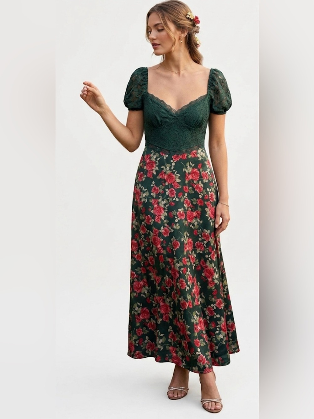 Altar'd State Floral Print Midi Dress Lace Bodice Short Sleeve Size M - Picture 3 of 17
